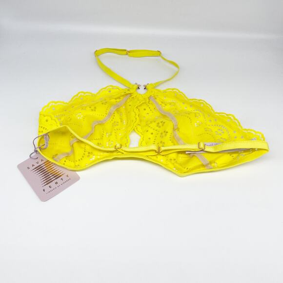 Savage X Fenty Women's Bombshell Broderie Lace Halter Bralette Yellow Size M - Picture 3 of 5